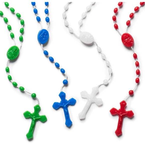 Bulk Catholic Rosaries Pack of 100, 17 Inch Assorted Plastic Beads in Blue, Red, - Picture 1 of 6